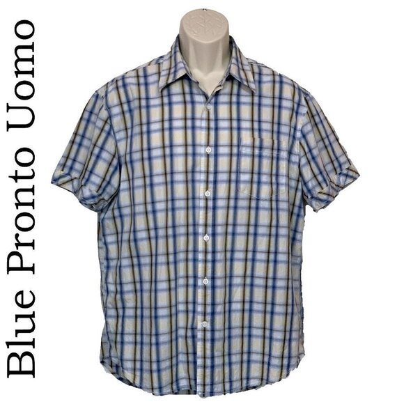𝅺♥ Blue Pronto Uomo Plaid Short Sleeve Shirt - Picture 1 of 4